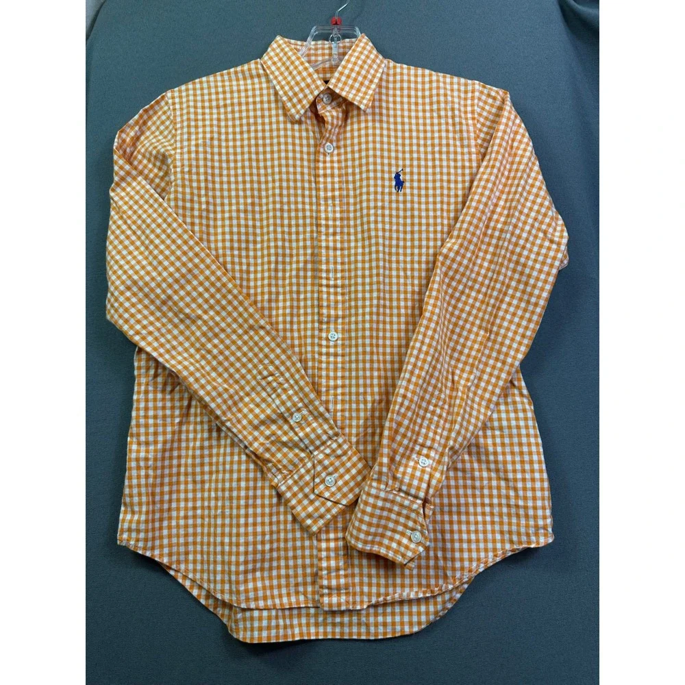Ralph Lauren Sport Kids Orange Gingham Button Down Shirt Long Sleeve Size 6